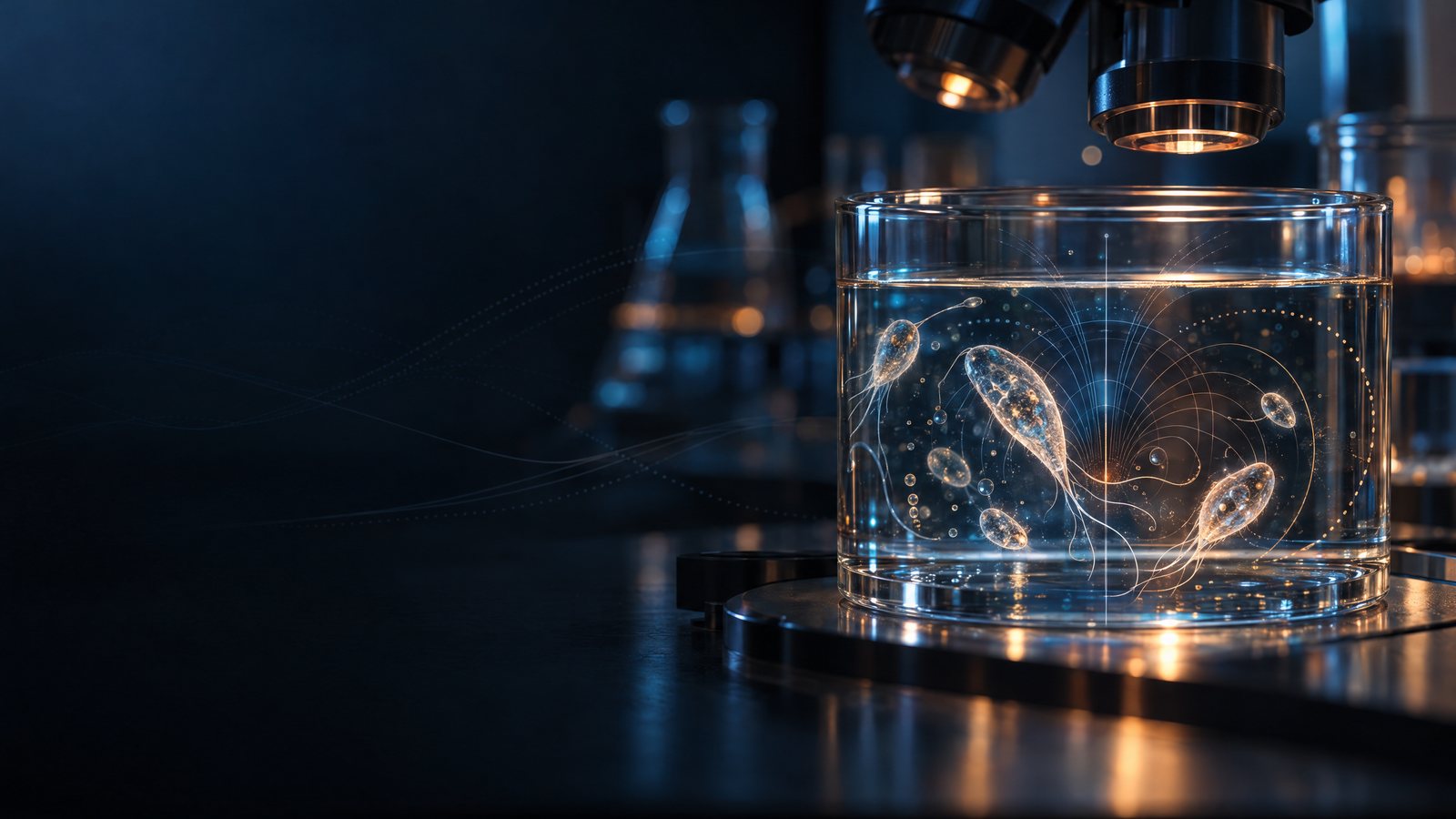 Editorial scientific illustration of abstract protozoan-like forms in a culture vessel with blue and copper field-wave geometry
