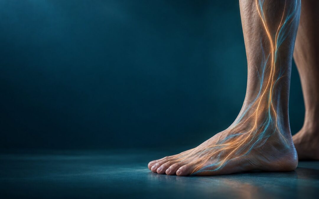Editorial illustration of a lower leg and foot with subtle copper and cyan neural-pathway lines on a deep teal background