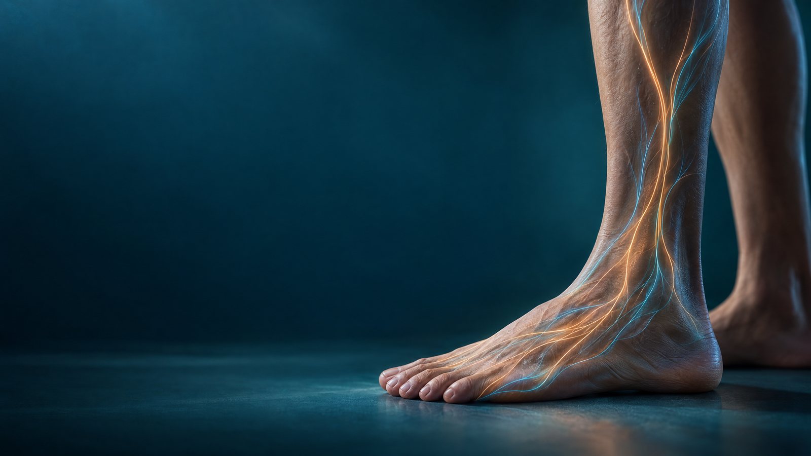 Editorial illustration of a lower leg and foot with subtle copper and cyan neural-pathway lines on a deep teal background